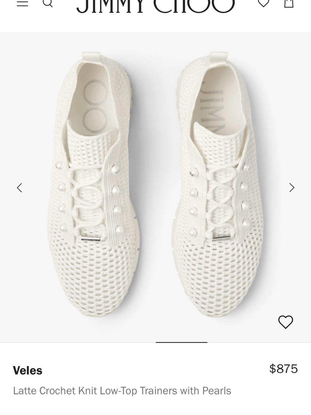 Jimmy Choo Veles Crochet Knit Slip-On Trainers - Cream & Pearl Accents (sz 38.5)